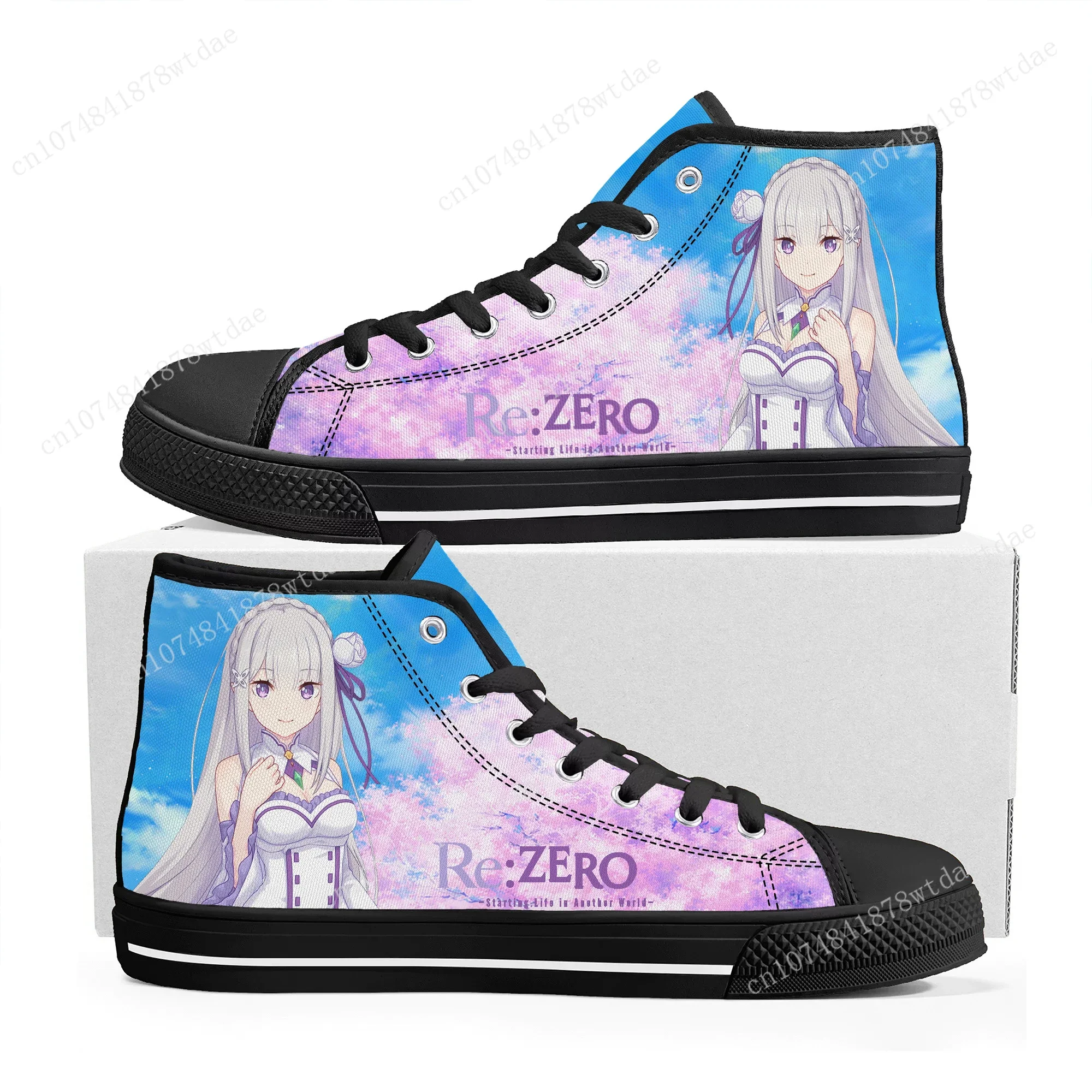 Re:Zero High Top Sneakers Mens Womens Teenager Emilia High Quality Canvas Sneaker Anime Manga Cartoon Casual Custom Made Shoes