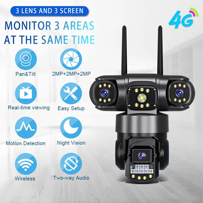 Anxinshi 6MP 3 عدسة فيديو 4G بطاقة Sim اللاسلكية واي فاي IP كاميرا متحركة مراقبة الأمن IP66 كاميرا مقاومة للماء CCTV يمكن التخزين