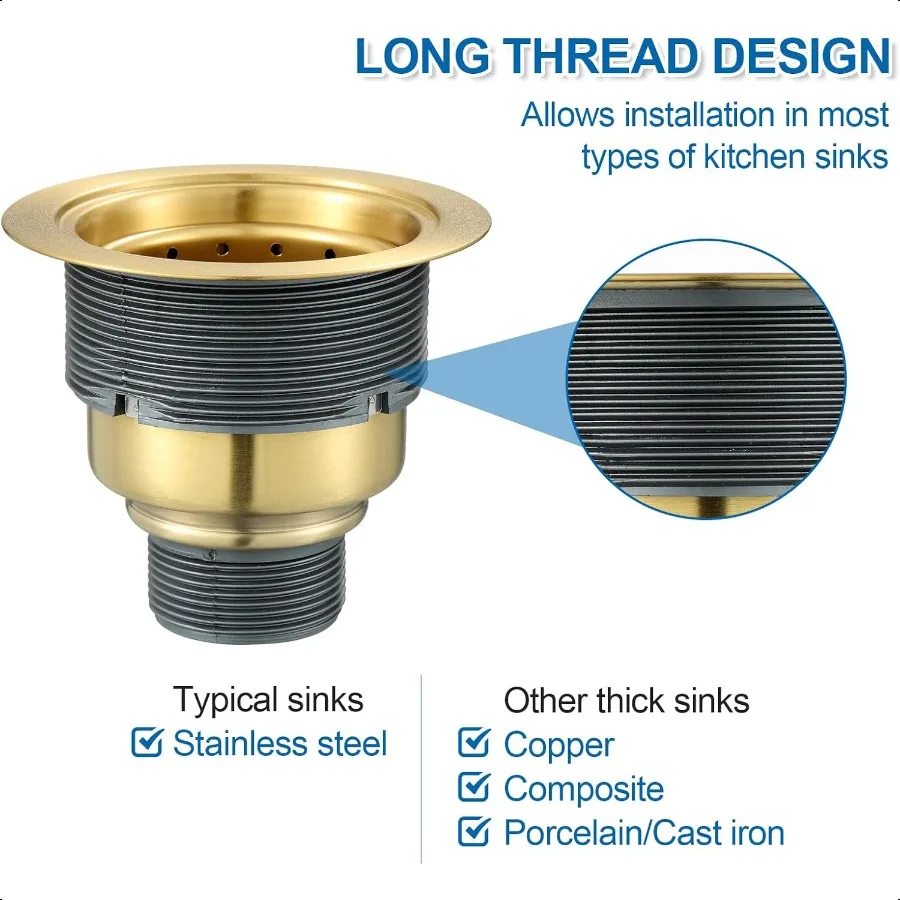 31 2 بوصة حوض المطبخ استنزاف الفولاذ المقاوم للصدأ القابل للإزالة سلة عميقة مصفاة الذهب بالوعة المطبخ استنزاف مع الذيل