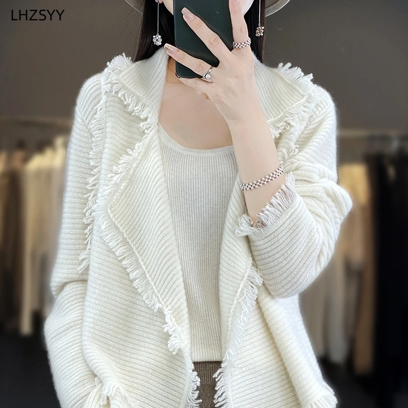 LHZSYY Lapel Cashmere Cardigan Women\'s Fashion Large Size Jacket Sweater Autumn New Knit Shawl Coat High-End Loose Female Blouse