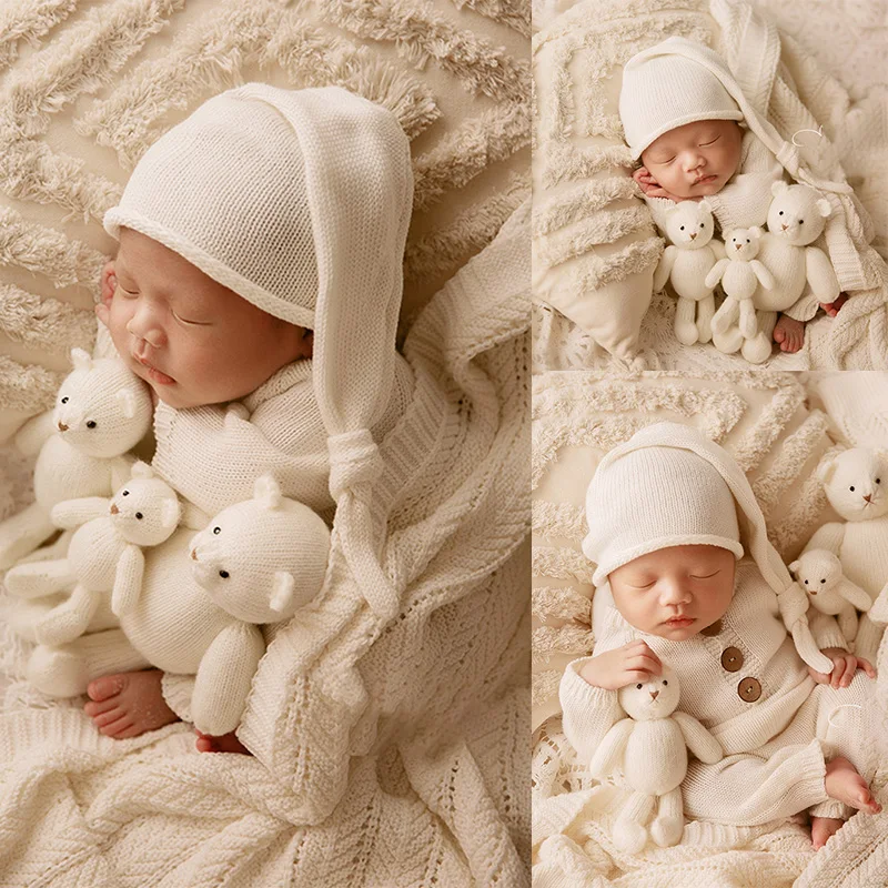 Baby Girl Fotografia Outfit Props, Macacão de Malha, Chapéu, Boneca Urso, Recém-nascido Posando Travesseiro, Studio Infantil Photoshoot, 0-1 Mês