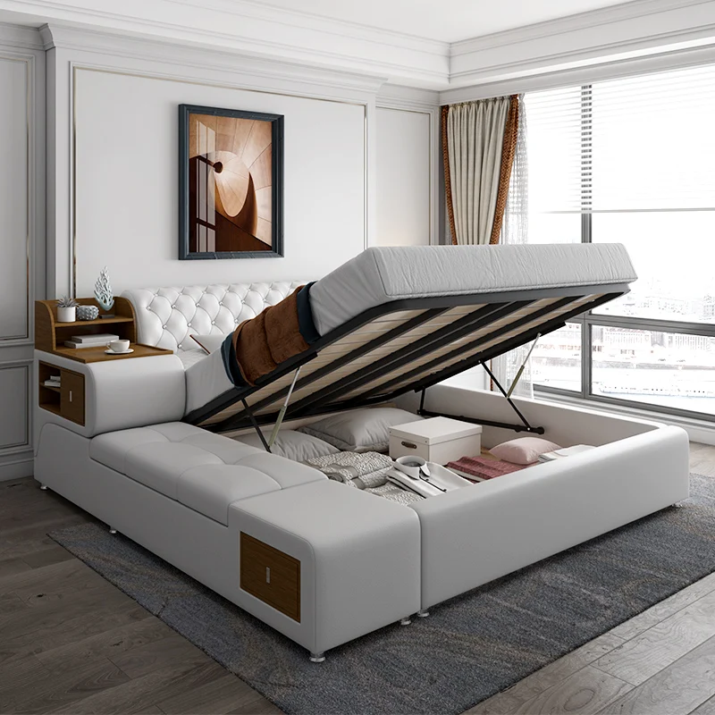 European style master bedroom tatami leather bed, modern and minimalist size, double king bed, storage and high box