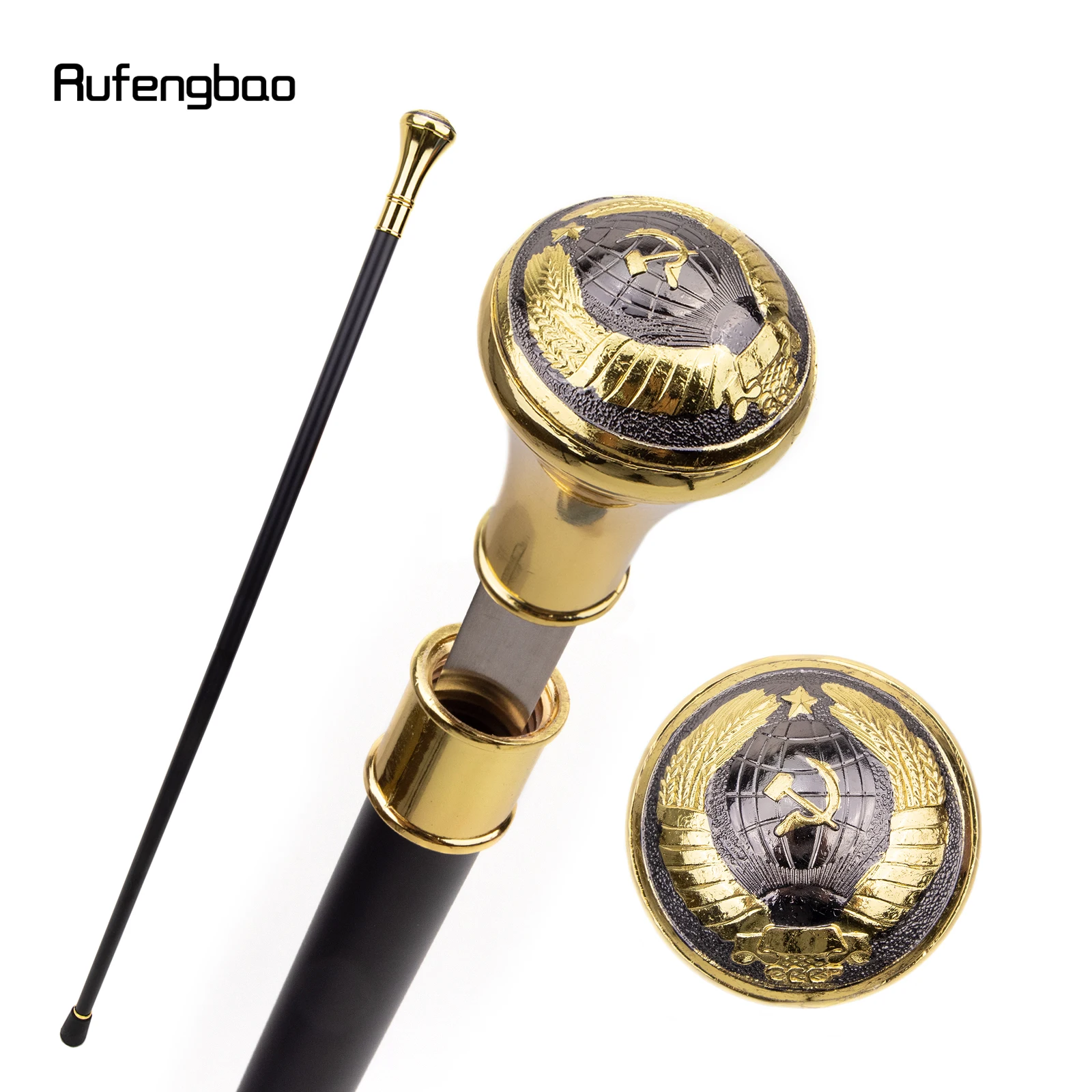Golden Russia Style Totem CCCP Relief Single Joint Walking Stick with Hidden Plate Self Defense Cane Plate Cosplay Crosier 93cm