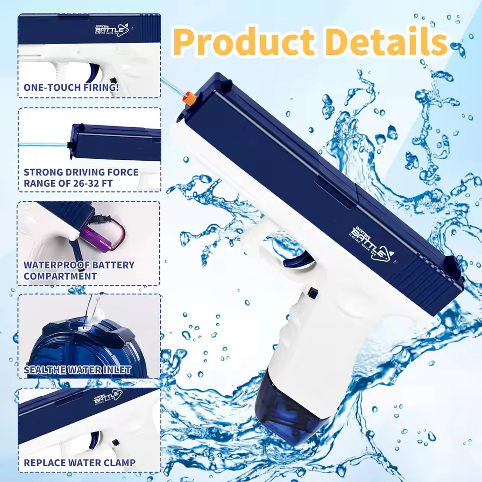 

Electric Water Gun Rechargeable Automatic & Manual Spray Gun Capacity Range Up to 32 FT Range for Adults & Kids