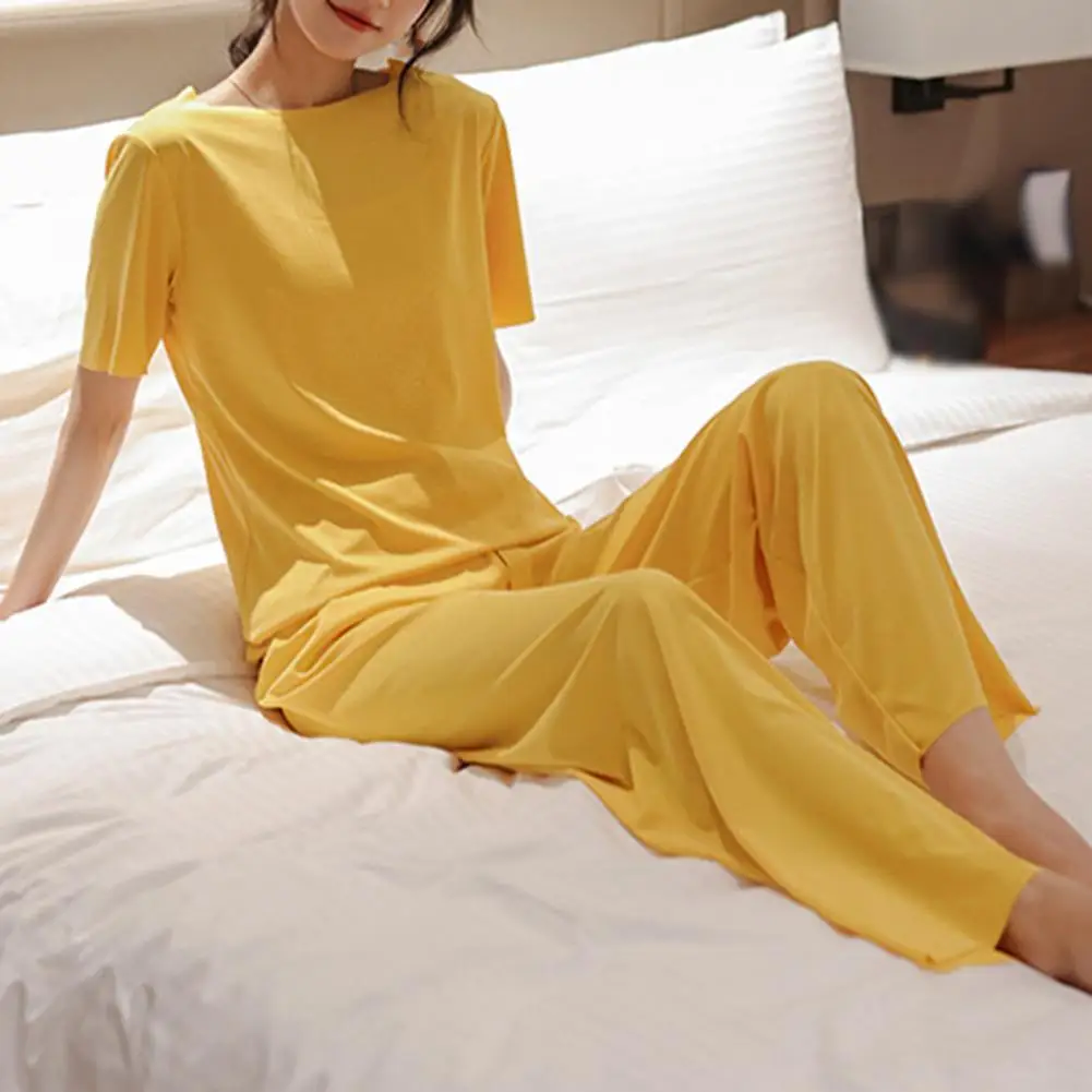 Women Pajama Set Sleepwear Set Elastic Round-neck Solid Color Breathable Women Top Pants Casual Loose Sleepwear Set