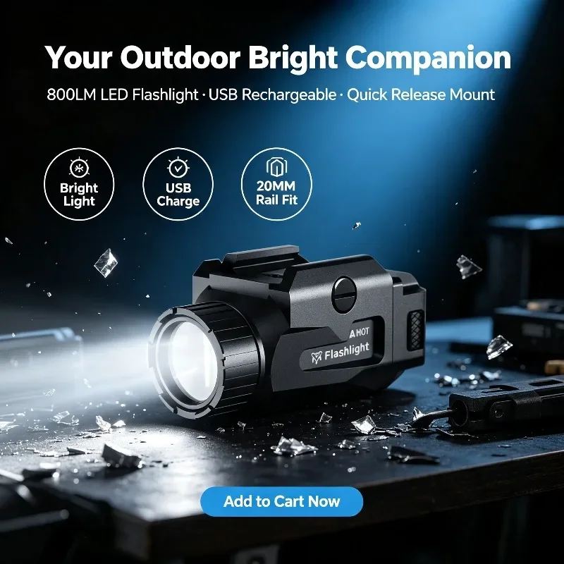 USB Rechargeable 800LM LED Lamp Quick Release Bracket Compatible 20MM Rail Outdoor Portable Flashlight