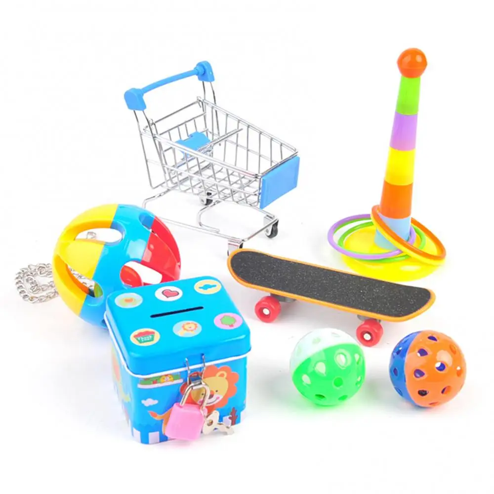 Toy Training Mini 5/6/7Pcs Parrot Toys Kit Pet Bird Skateboard Ball Shopping Cart Foraging Rings Educational Puzzle Playing Toy