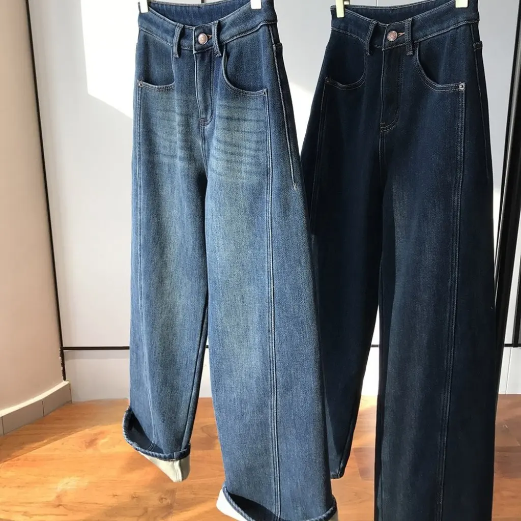 Женские облегающие джинсы на флисовой подкладке, зимние брюки в стиле ретро с высокой талией, норковые бархатные длина до ног F111604