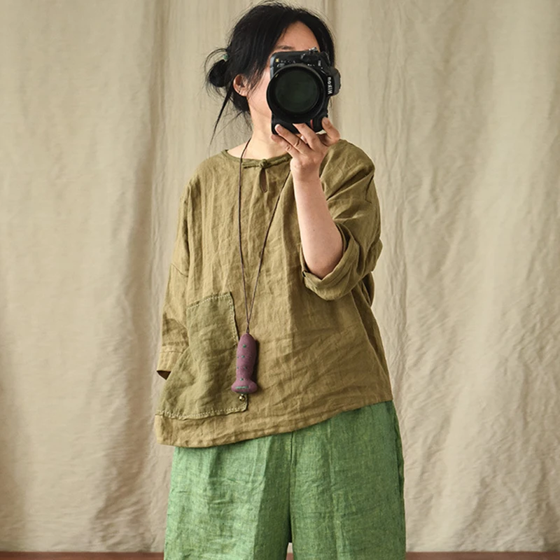 Oversized Women Long Sleeve Casual T-shirts New 2025 Spring Vintage Style O-neck Solid Color Female Cotton Linen Tops Tees M419