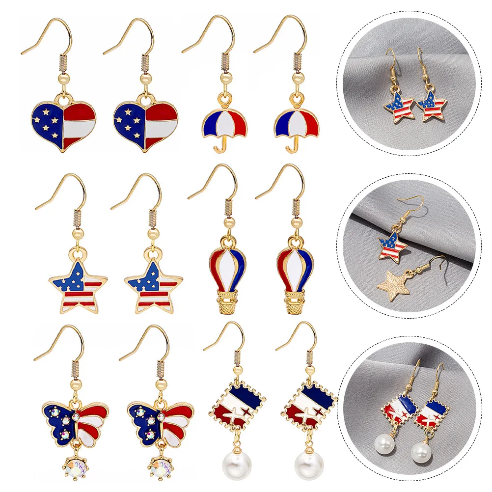 

6Pairs Independence Day Earrings Women Alloy Ear Jewelry Party Creative Unique Shape Light Ear Ornaments Gift Women Earrings
