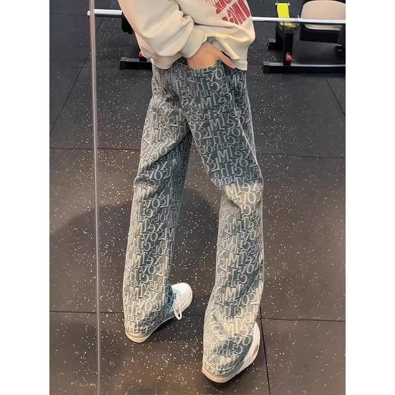 Korean Climate Lot Paris Full Print Jacquard Jeans Men's Summer Slim-fitting Scimitar Streetwear Straight Micro-pull Pants