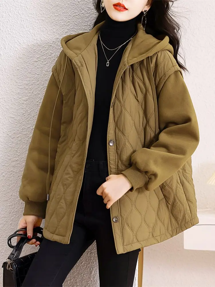 Jackets For Women with Hood Autumn Winter Cotton Padded Jacket Female Fashion Clothing Rhombus Texture Casual Parkas 2024