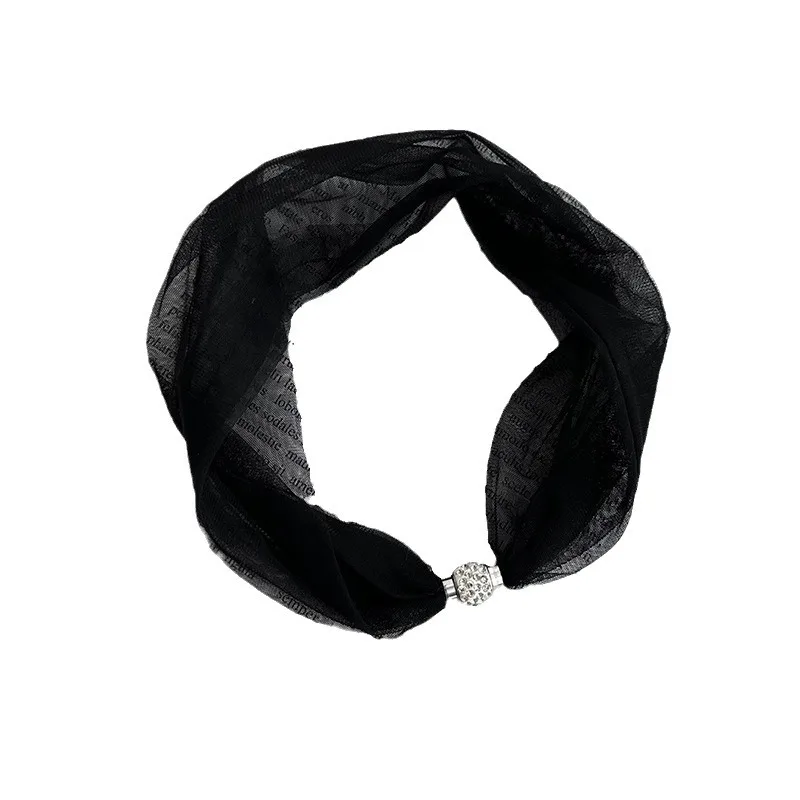 Summer Lace Mesh Neckerchief with Magnetic Clasp Simple Pearl Pendant Scarf Breathable Artsy Decorative Silk Scarf Female Ladies image 5