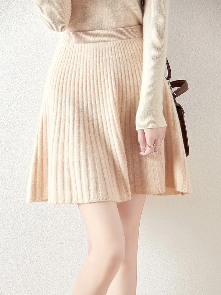 Women's Wave Short Skirt 100% Merino Wool Mini Skirts Autumn Winter Sweater Umbrella Skirt High Waist Stretch Sweet Knit Dresses