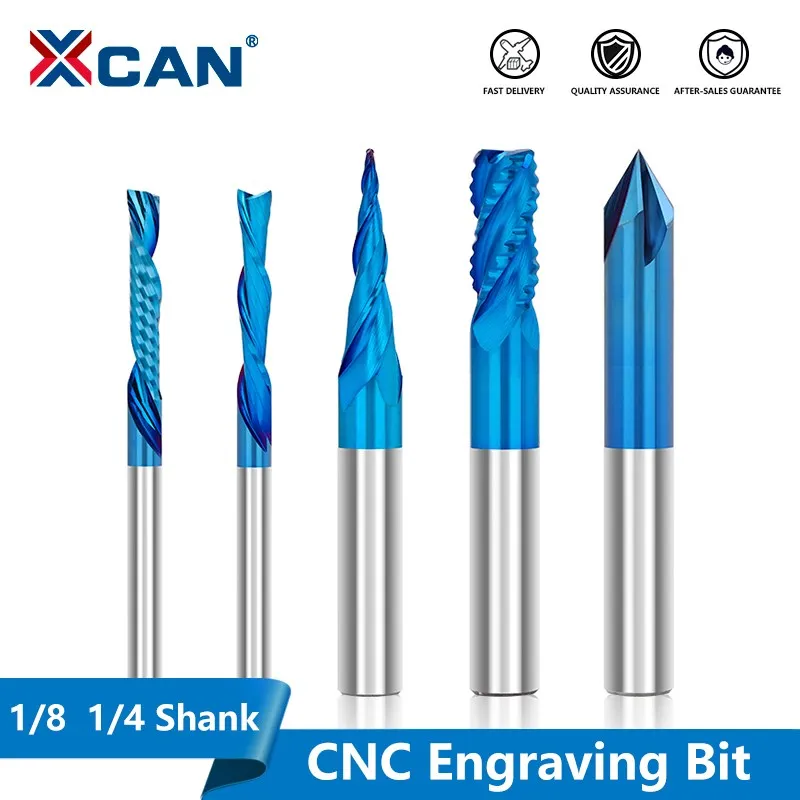 XCAN Milling Cutter 1/8 1/4 Shank Carbide CNC Router Bit,Down Cut Bit,Chamfering Cutter,Ball Nose End Mill for Wood Metal