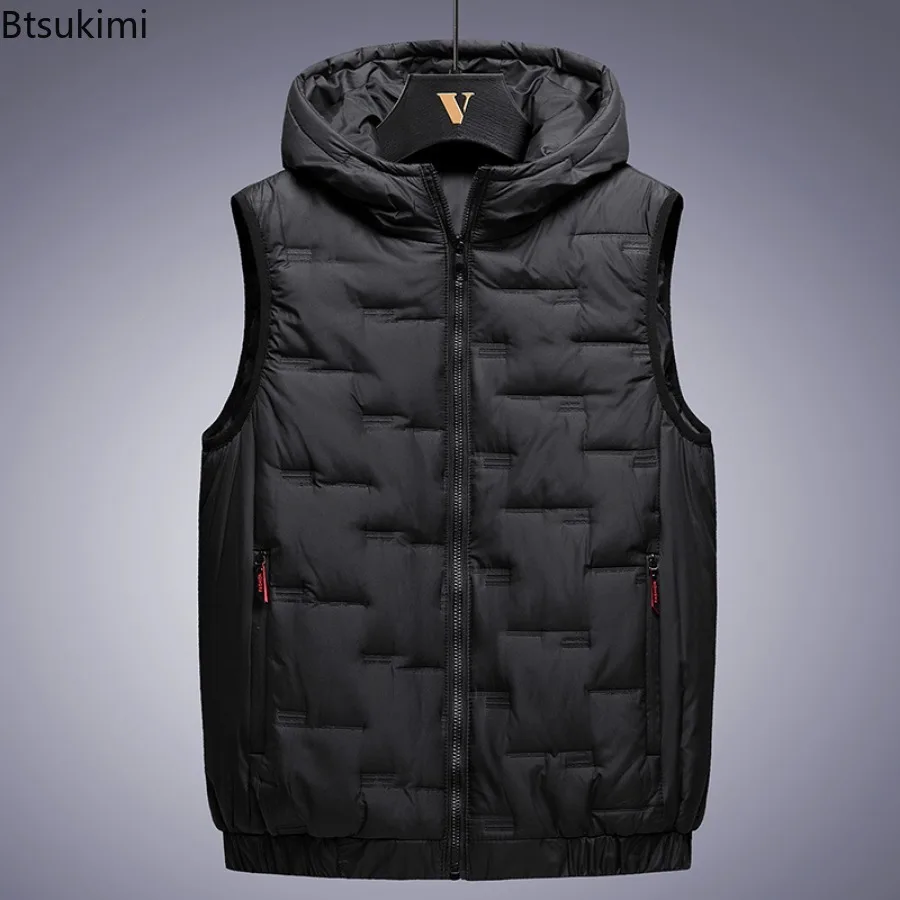 

2024 Winter Men's Warm Vest Jacket Rectangular Embossed Fashion Down Cotton Hooded Vest Man Loose Windproof Casual Waistcoat 8XL