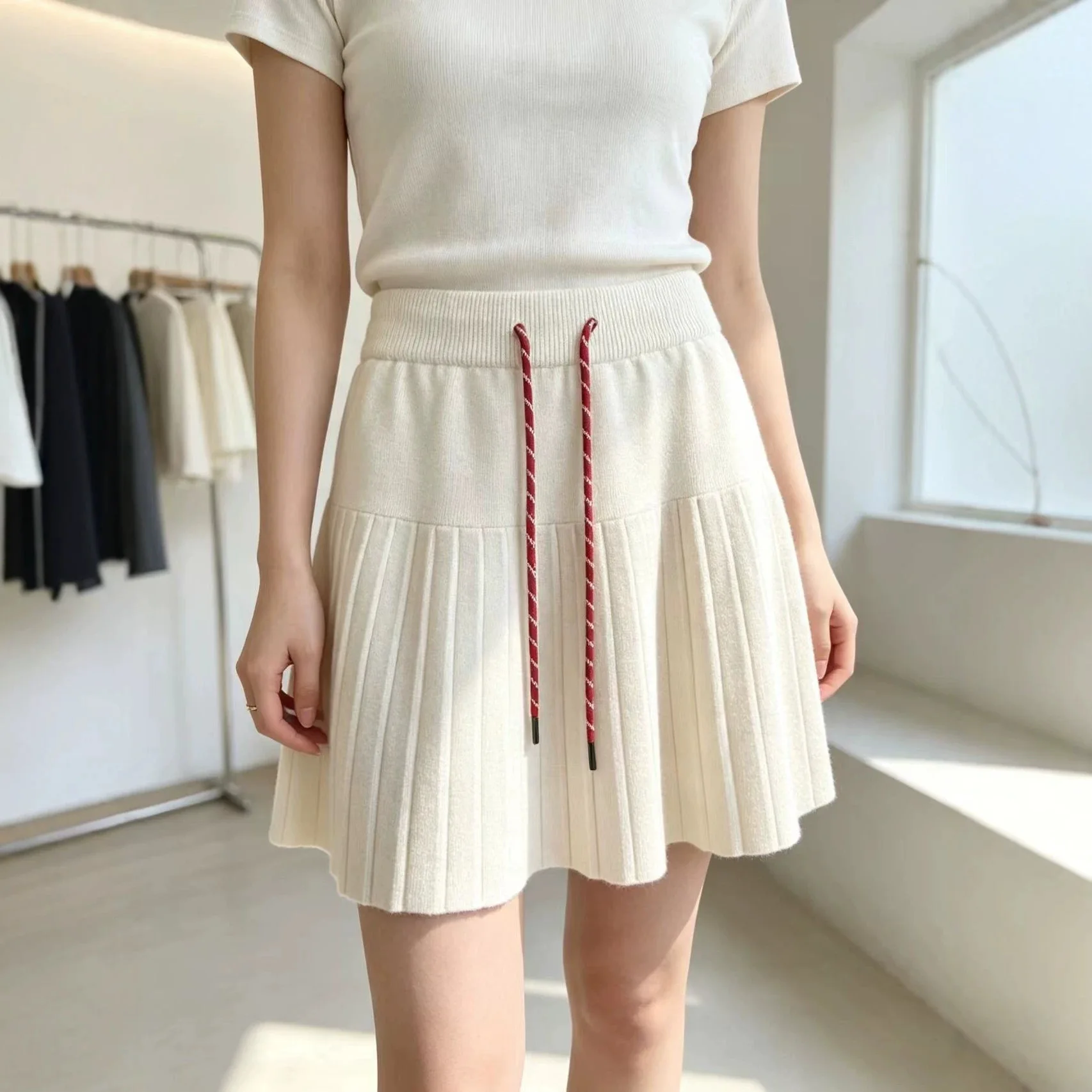 Women's Autumn Winter Knitted Drawstring High Elastic Waist Midi Skirt
