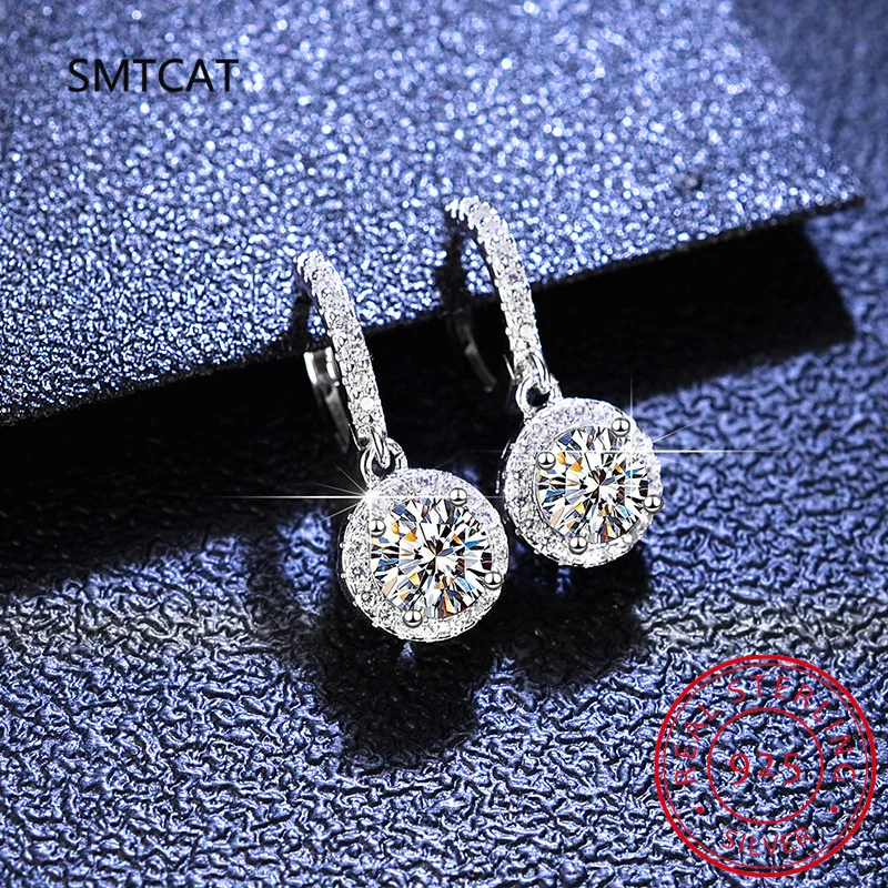 여성용 모이사나이트 드롭 귀걸이, 18k 화이트 골드 후프 귀걸이, 스파클링 웨딩 파인 주얼리, 리얼 0.5 캐럿, D 컬러, 1 캐럿 