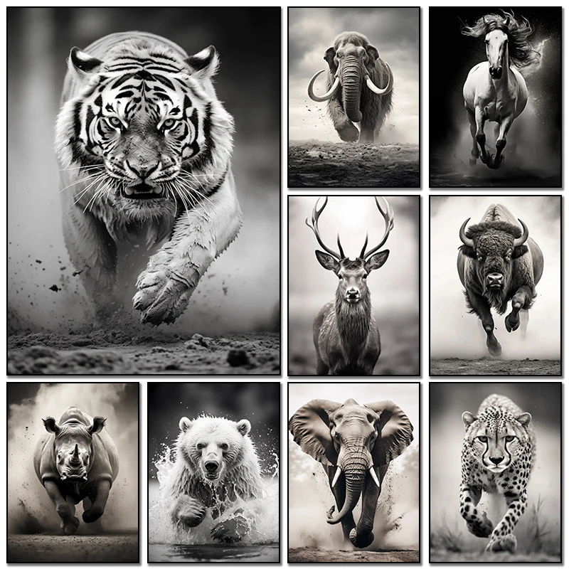 Black and White Animal Poster Tiger Elephant Deer Cheetah Bull Horse Canvas Painting Prints Wall Art Room Home Decor Frameless