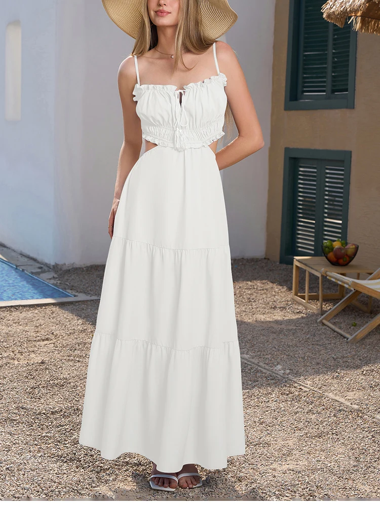 NewAsia sexy mouwloze lange jurk met ruches halslijn uitgesneden rugloze spaghettibandjes zomerjurken voor feestvakantie strand