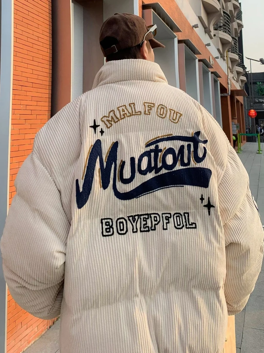 

Утепленная вельветовая куртка с вышивкой для мужчин, теплая зимняя верхняя одежда, приталенный крой, с капюшоном, повседневная, на полиэстеровом наполнителе