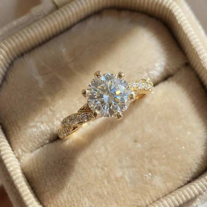 925 Sterling Silver Classic 6 Claw Cubic Zirconia Rings for Women Luxury Gold Color Wedding Engagement Bands Jewelry Gift