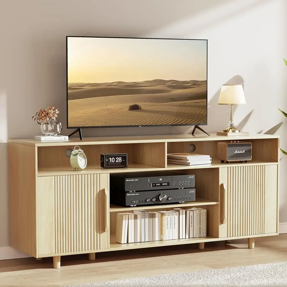 65 TV Stand with Storage and Media Shelf, Oak Living Room/Bedroom Entertainment Center