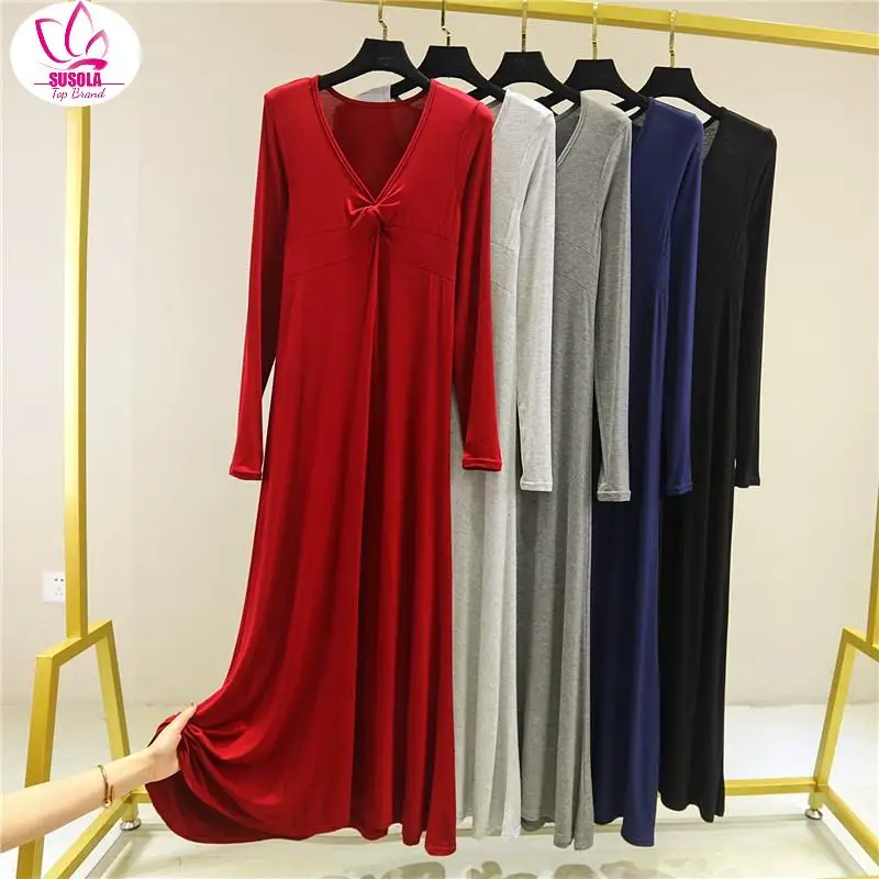 Lady Spring and Autumn Women Bodycon Loose Dress Sexy Red Knitted Cotton Long Sleeve Pure Casual Black V-neck Midi Dress Womens