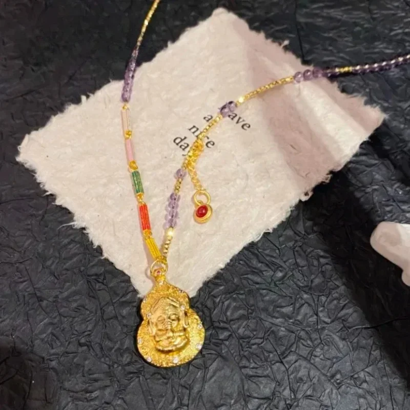EternaGold  Light luxury fashion 999 24K real gold elephant god pendant scripture amethyst sweater chain women's long necklace s
