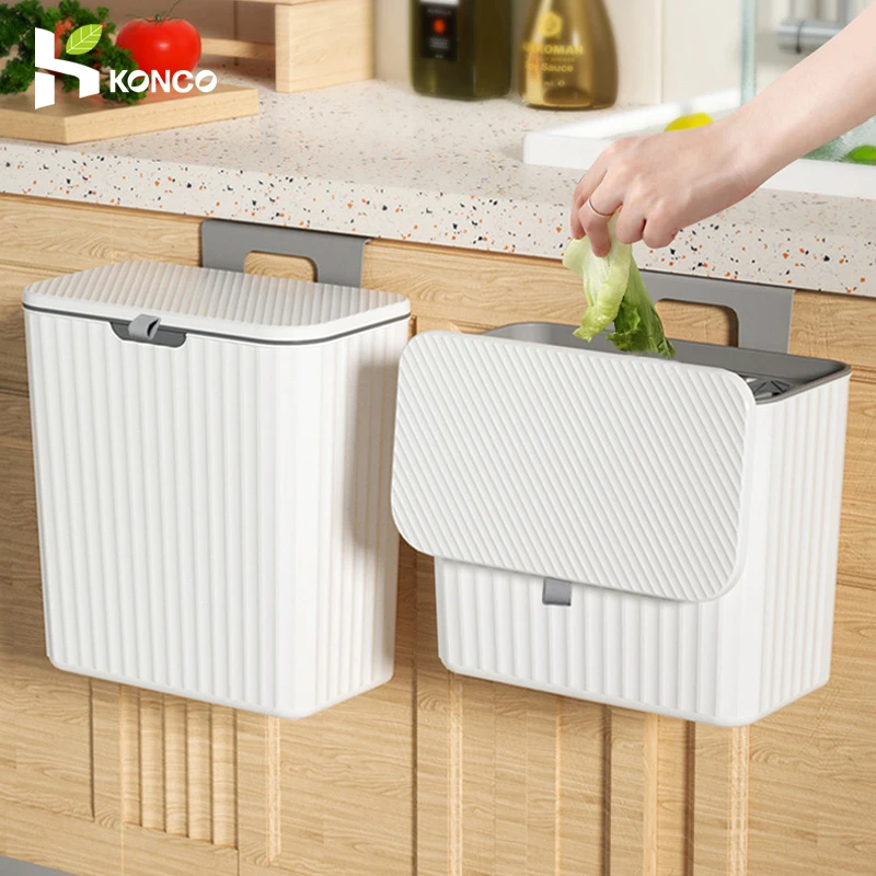 Kitchen Trash Can 7/9L Wall Mounted Trash Bin Household Cabinet Door Hanging Garbage Cans Recycle Rubbish Bin with lid Dustbin