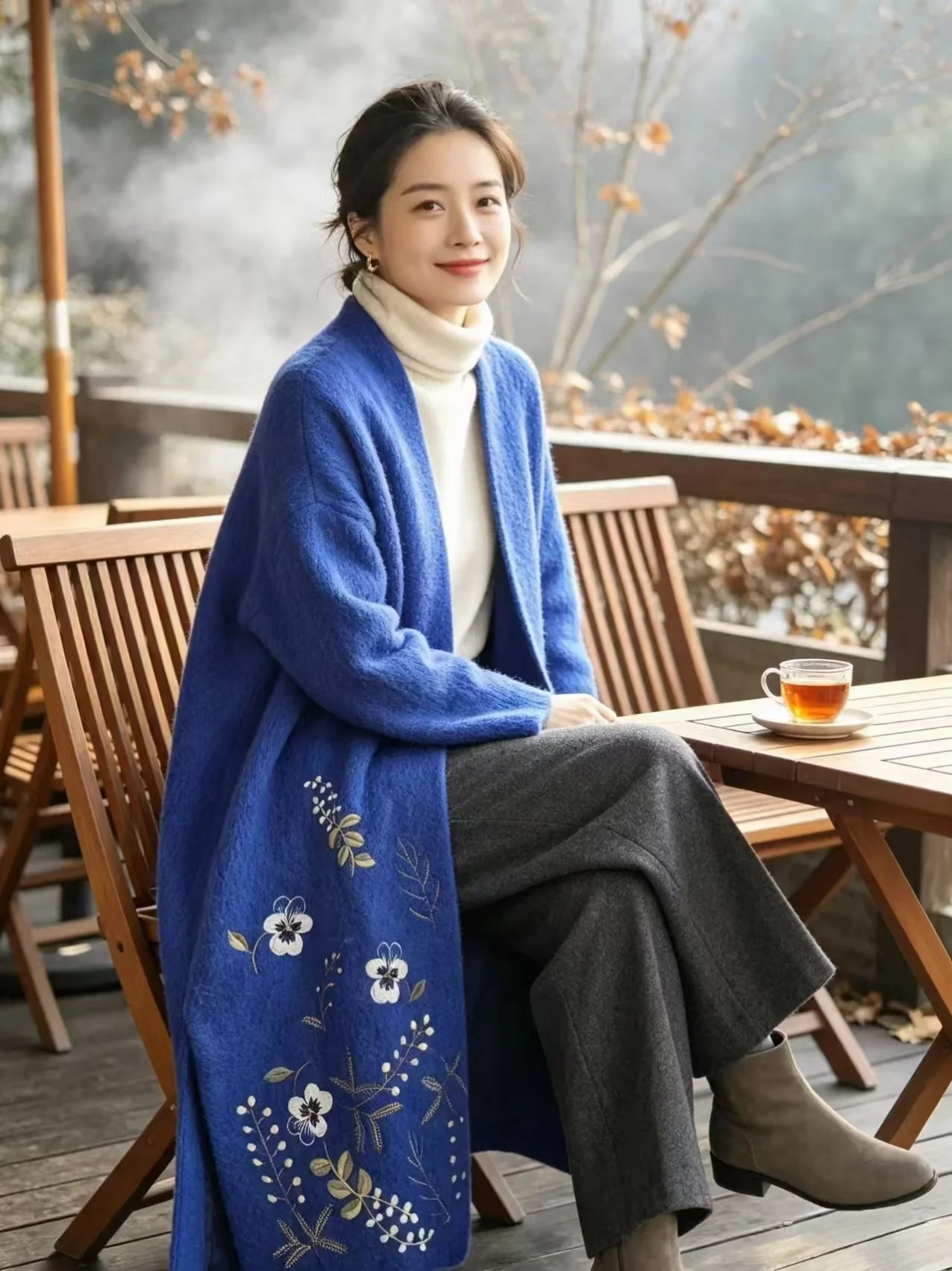 Women's Winter Coat Dark Blue Warm Thickened Parka with Vintage Embroidery Long Design for Cold Weather