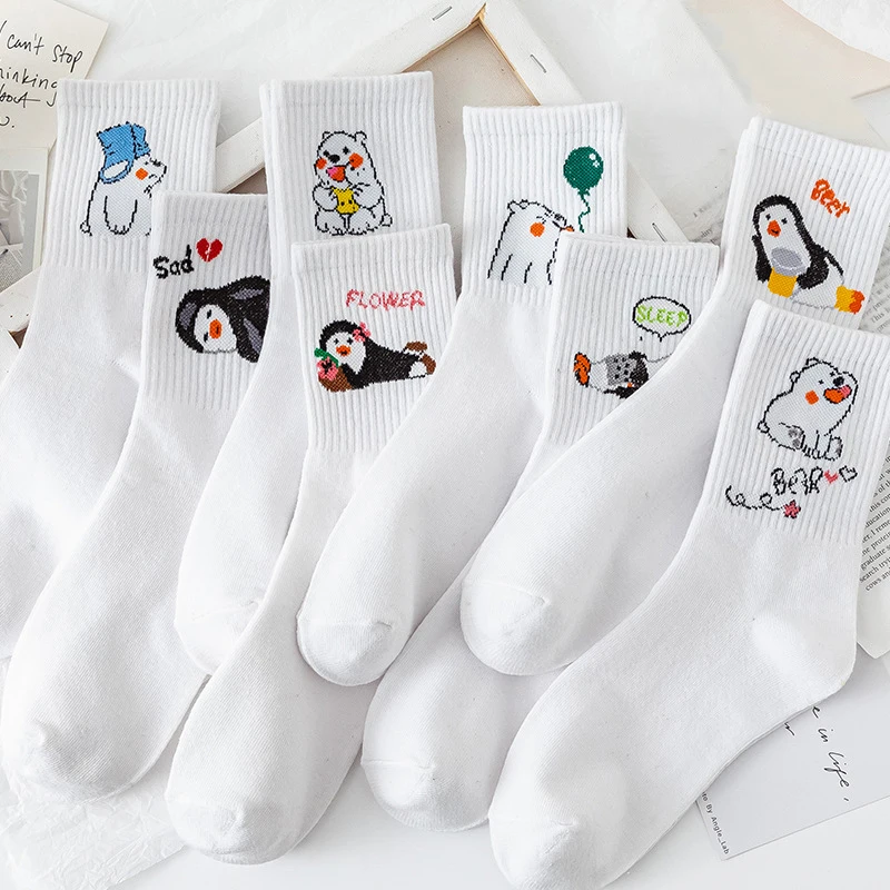 White Women\'s Cartoon Bear Penguin Cute Socks Spring And Summer Fashion Casual Breathable Cotton Socks Harajuku Kawaii