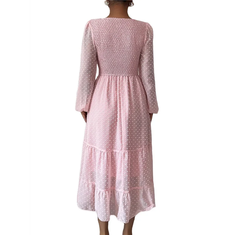 ABRT-robes d'automne pour femmes, manches longues, col rond, taille à pois, en mousseline de soie, à volants, smockés, robes mi-longues rose S