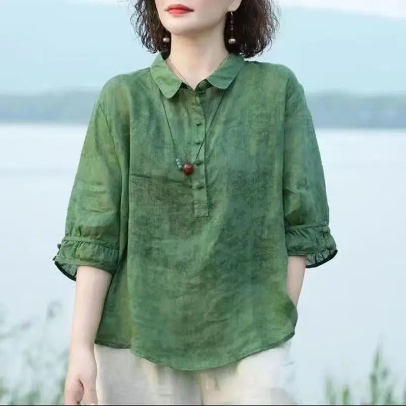 Camisa fina de meia manga feminina, lapela sólida estampada, patchwork de botões, top solto respirável, elegante, moda coreana, novo, verão, 2024