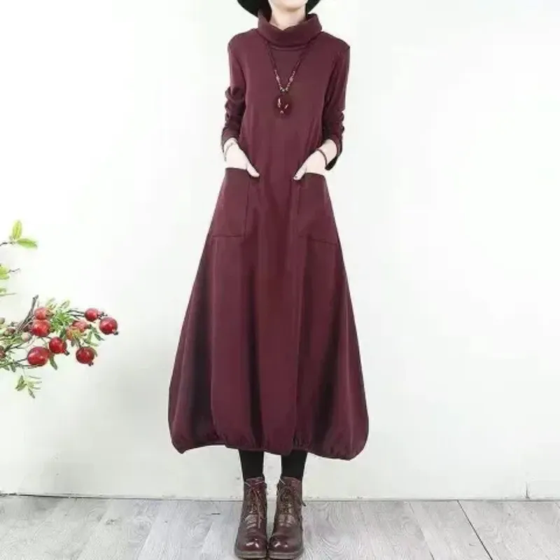 

Faionable Long Sve Dr Women's plus Size Loose Slimming Commute Sle Spring Season High Collar Polyester Fiber