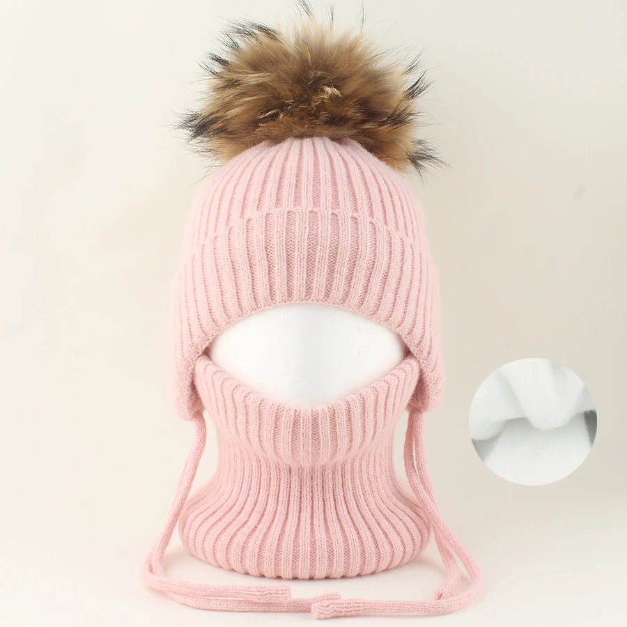 Winter-Wollmütze mit Nackenschutz 2-teiliges Set Echte Fuchsfell-Mütze für Kinder Jungen Mädchen Dicke Fleece Warme Gestrickte Gestreifte Ohrenklappe Baby Skullies Mütze – Detail 14