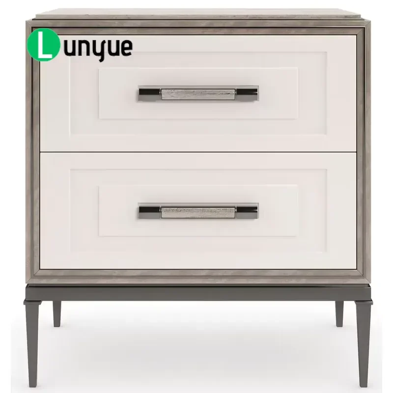 Luxury Bedside Table Hand Carved Wood with Metal Trim Classic Style Nightstand for Bedroom Living Room Elegant Home Furniture