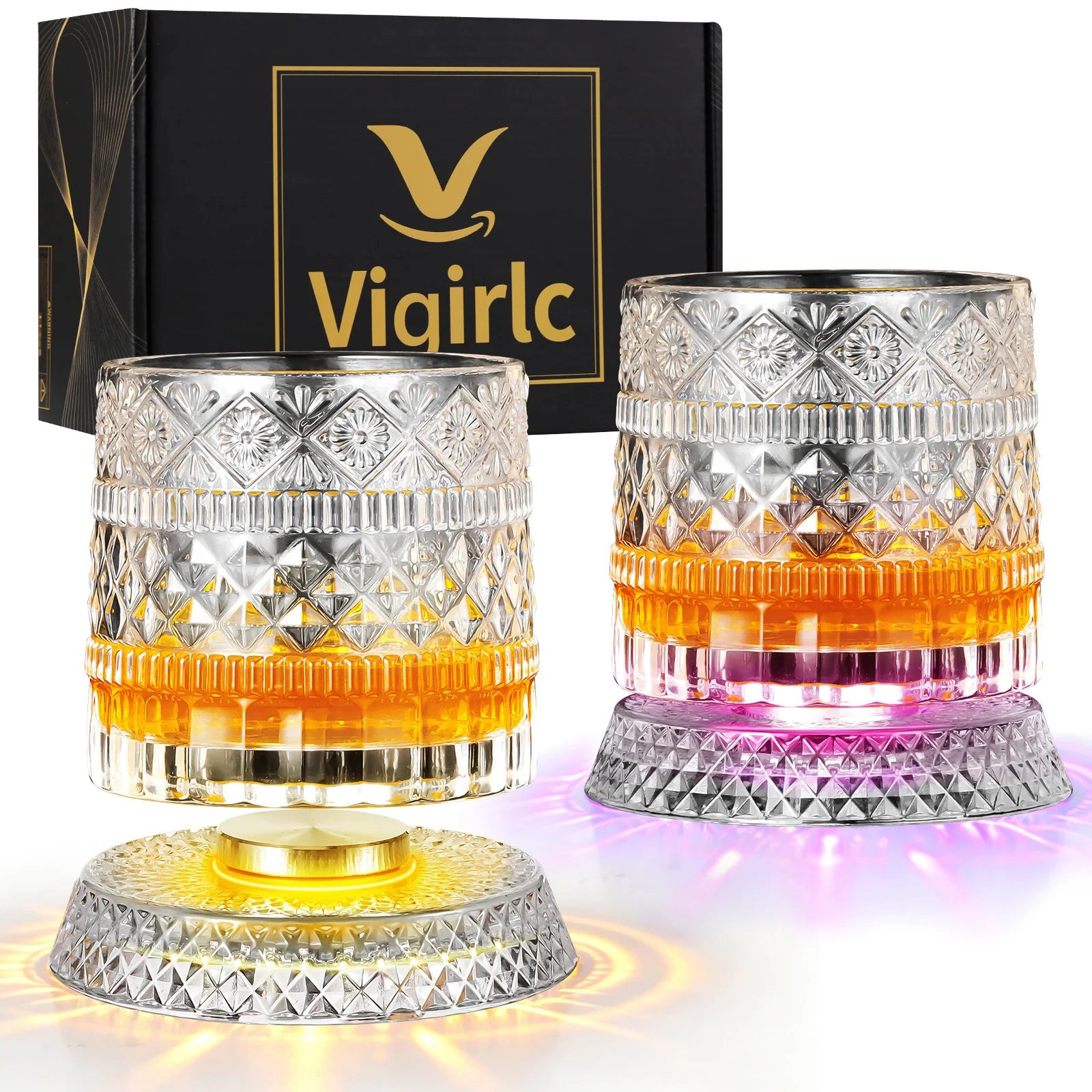 Spinning Whiskey Glasses Set of 2 with 8 LED Light,2 Ice Mold,9.5oz Unique 360 Degree Rotating Old Fashioned Glass,Anti-slip Weighted Base,Bourbon,Cocktail,Gifts Ideas for Men (star diamond)