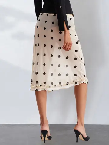 महिलाओं की मिडी स्कर्ट पारदर्शी लो राइज़ रफ़ल्ड हेम डॉट पैटर्न सफ़ेद और काले रंग की पारदर्शी स्कर्ट 8 best sales पारदर्शी स्कर्ट - №7