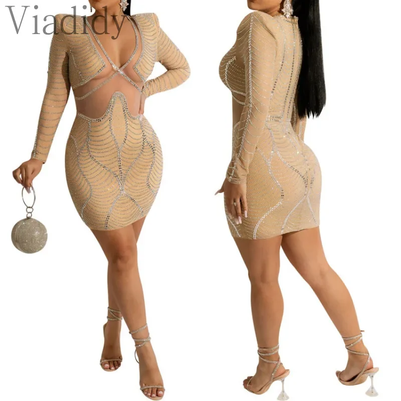 Vestido feminino sexy de manga comprida com decote em V de malha transparente com strass para boate