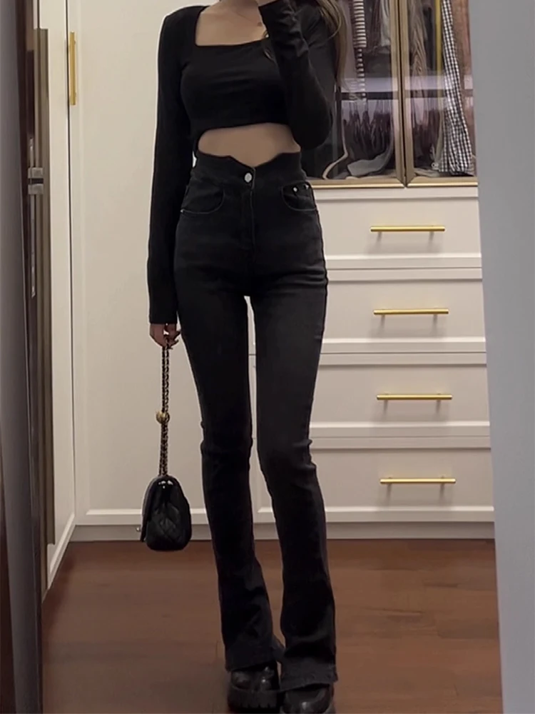 

High Waist Bell Bot Jeans Women's Spring Autumn Vintage Sle Long Legging Effect Slimming k Wa Cotton Stretch Denim