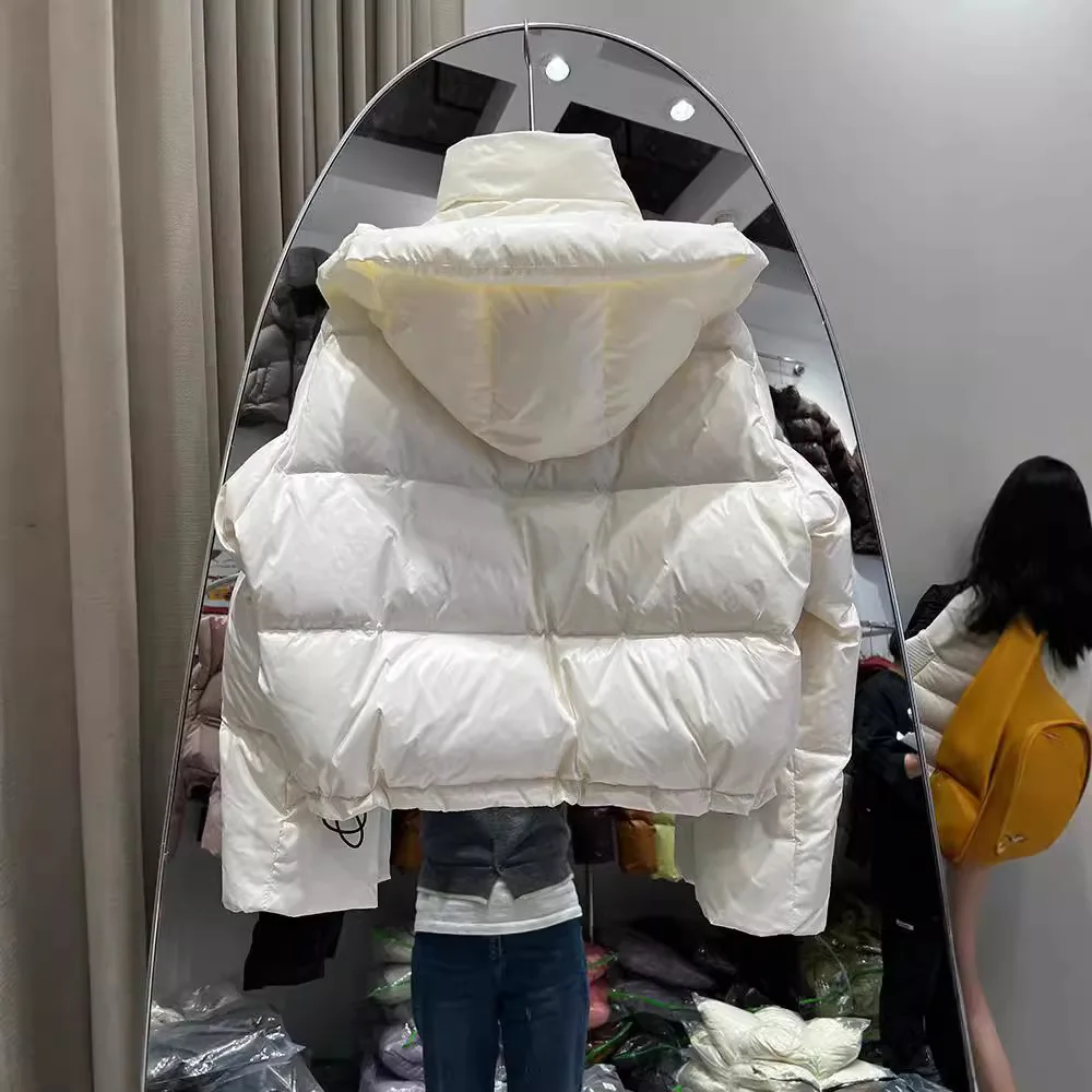 겨울 짧은 광택 후드 다운 재킷 여성용 두꺼운 따뜻한 퀼팅 파카 아우터 여성 화이트 덕다운 솔리드 방수 재킷
