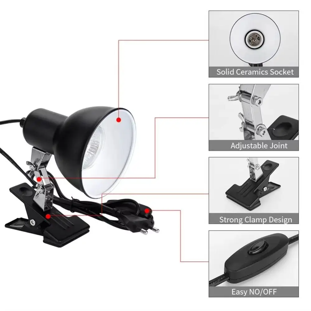 クリップオンランプホルダー カメ日光浴ランプ 調節可能な加熱サーモスタット 爬虫類ヒートランプ ビバリウム 爬虫類日光浴ペットヒート電球