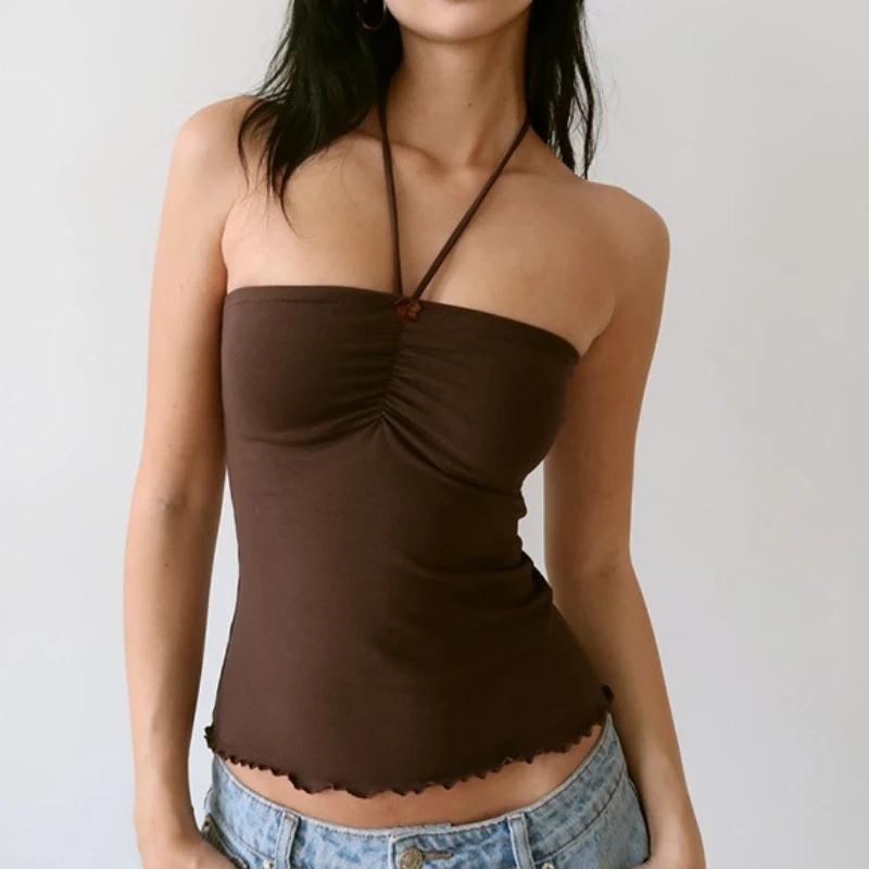 

2025 New Streetwear Sweet Spicy Sleeveless Backless Pleated Top Summer Sexy Slim Hanging Neck and Backless Ruffled T-shirt Women