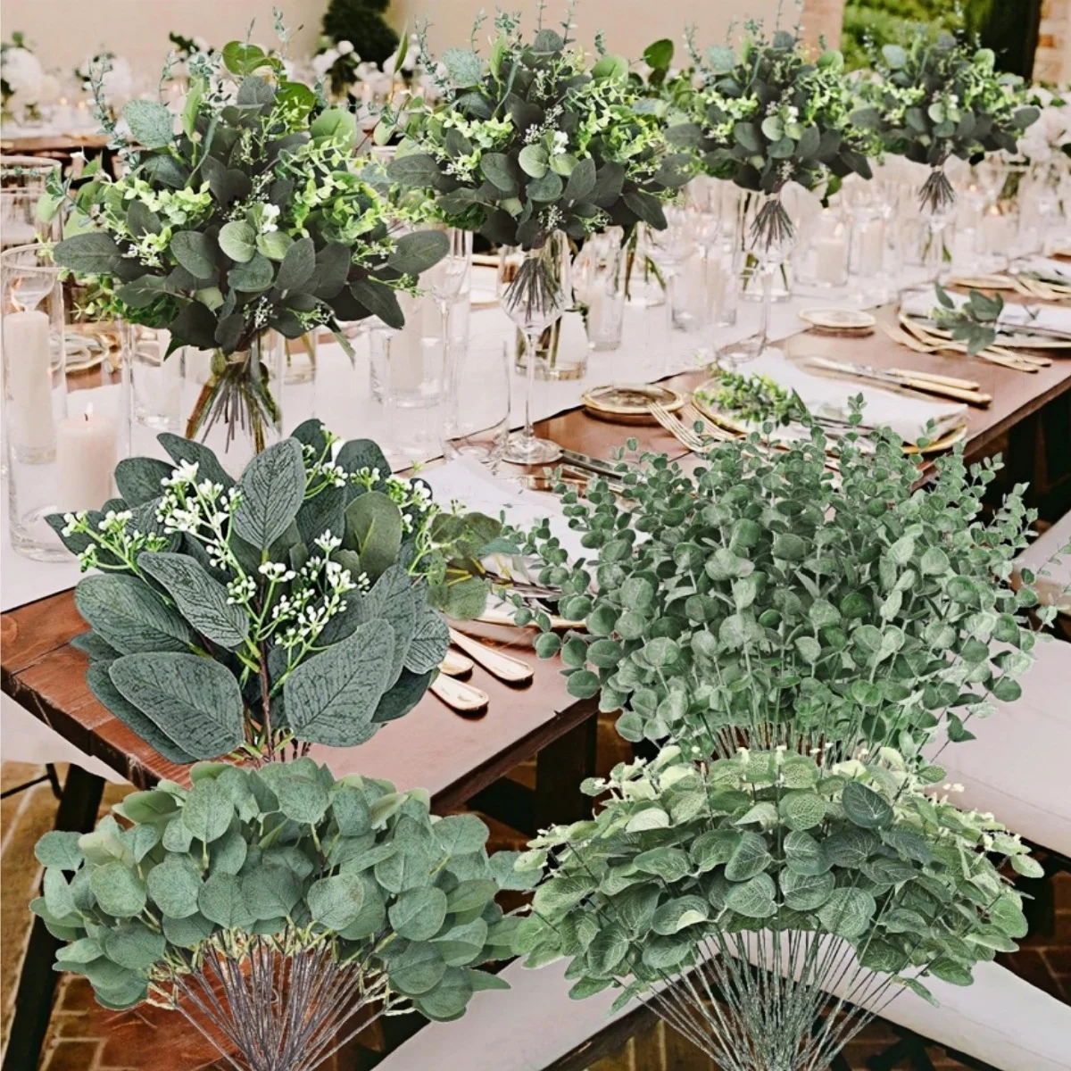 10/20 piezas hojas de eucalipto artificiales tallos hoja a granel planta Artificial DIY decoración del hogar flores para ramos de boda decoración Floral