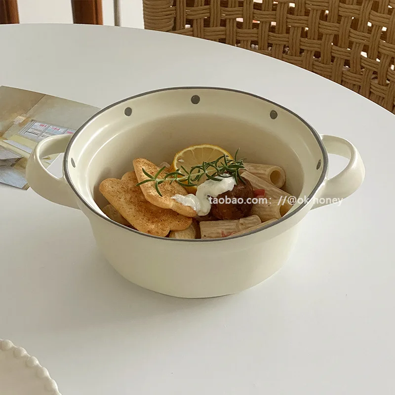 

Japanese-style matte polka dot ceramic binaural large bowl household large soup bowl high value milk white tableware