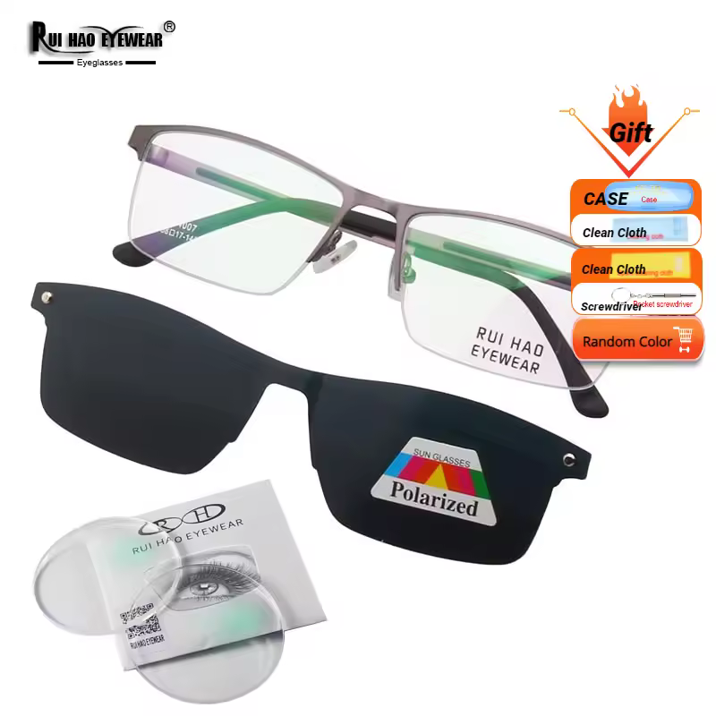 Lunettes de vue rectangulaires pour hommes avec clip solaire, verres en résine, monture 94007