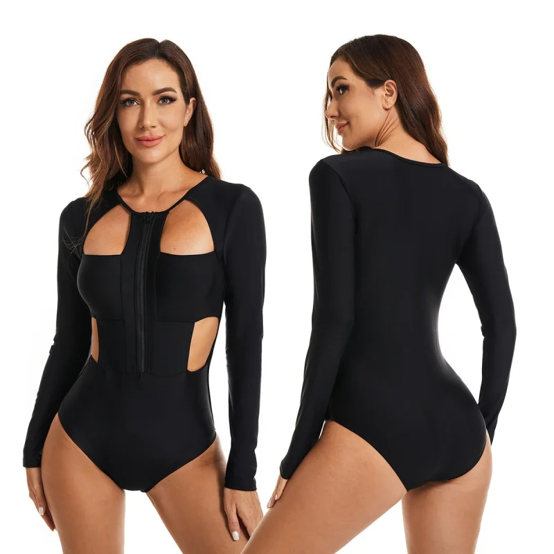 Newest Sexy Rash Guard One-Piece Solid Long Sleeves Women's Bathing Suits Surf Suit Sunscreen Women's Swimsuit Swimwear Women