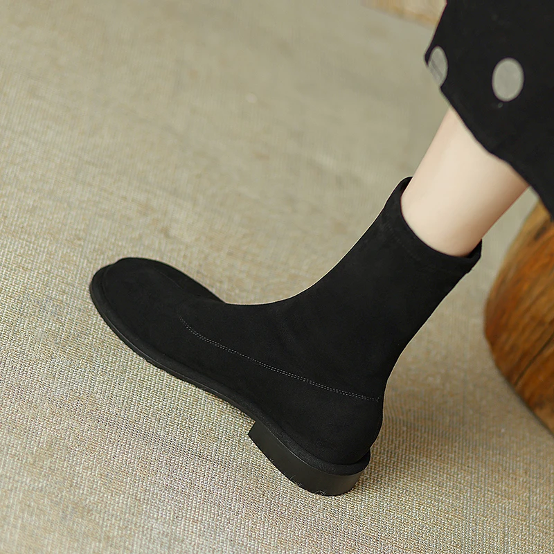 Vintage Flats Women Stretch Scok Boots Fashion Elegant Round Toe Shoes Autumn Slip On Women's Short Booties