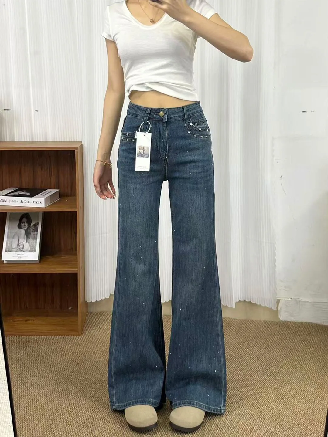 

Slim Fit Vintage Washed Straight Leg Jeans Women's Summer New Style Pocket Detail Rivet Embellished Denim Pants Casual Wear
